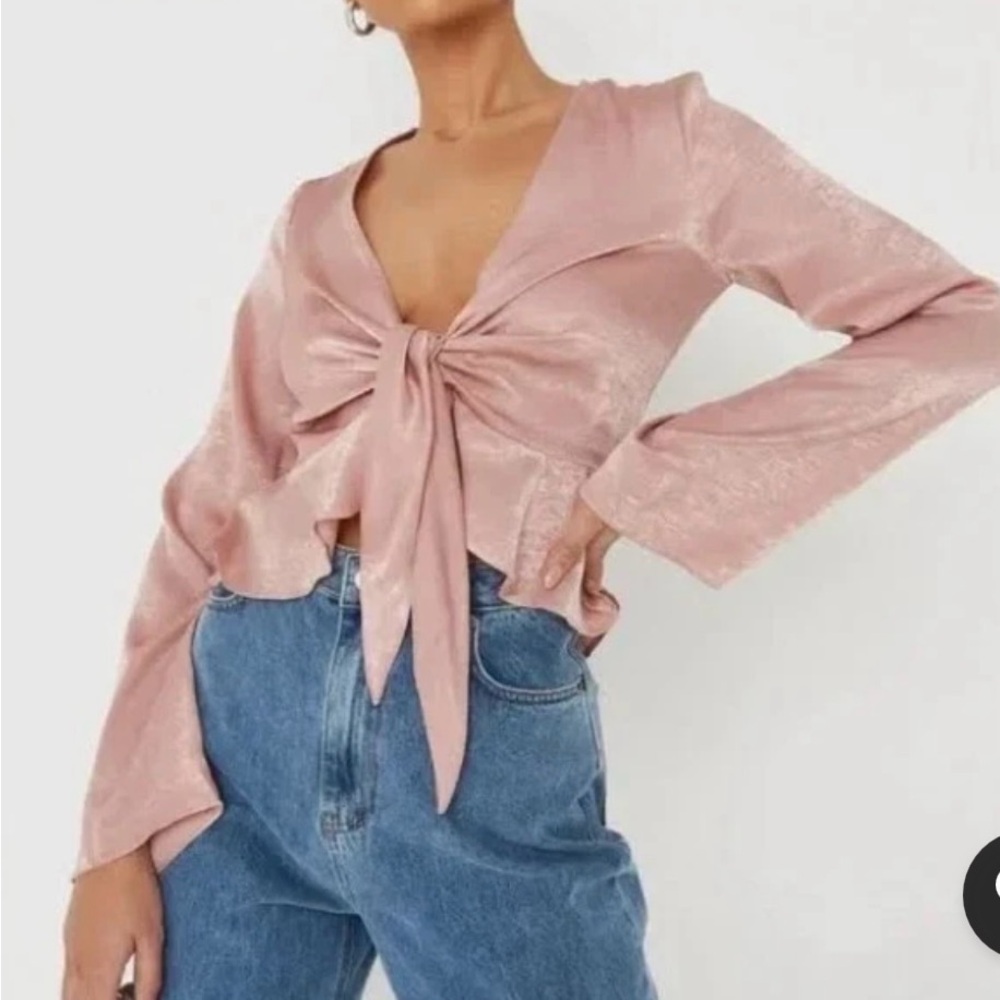 New Missguided Front Tie Blush Peplum Shimmer Long Slv. Blouse Boho Shirt Sz. 10